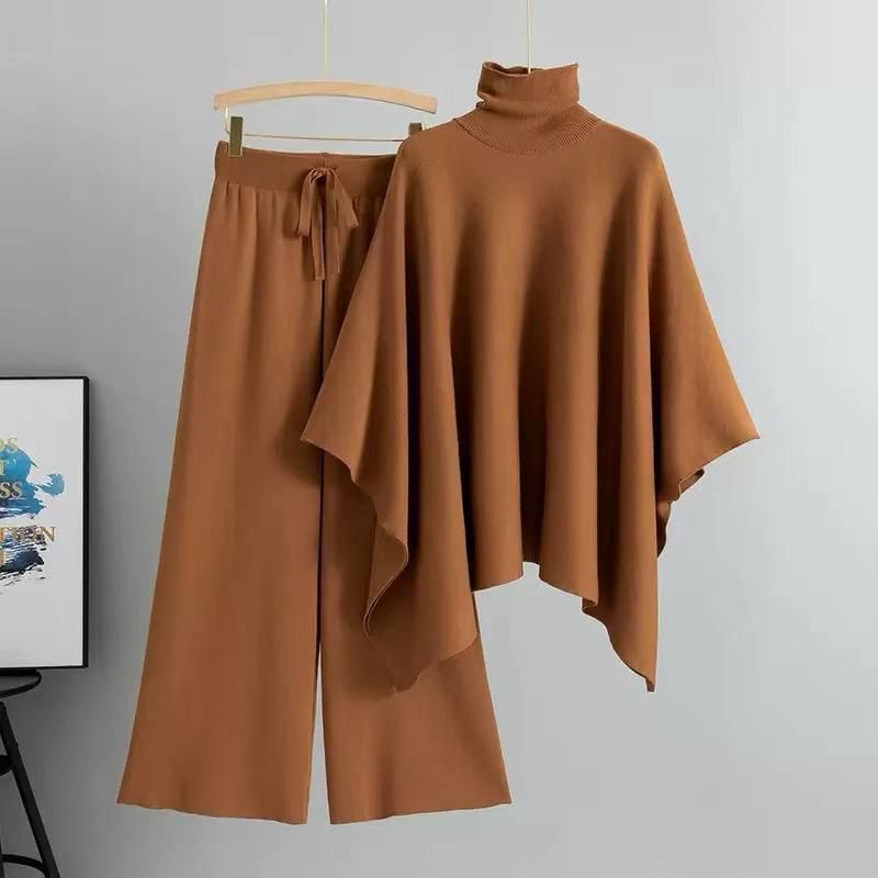 Women's Asymmetrical High-Neck Poncho Top and Wide-Leg Pants Knit Set