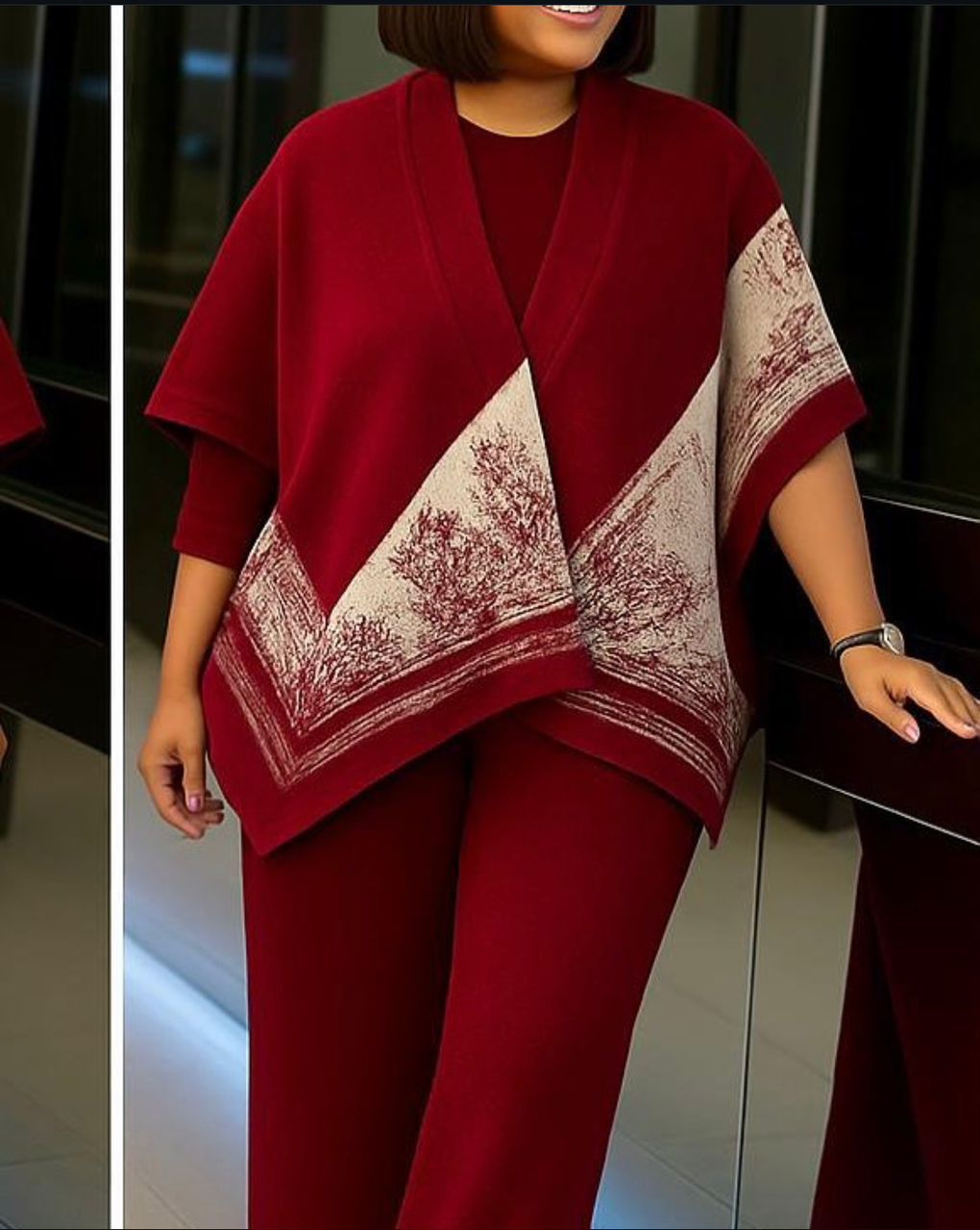 Women's Burgundy Knit Poncho Top and Wide-Leg Pants Set with Scenic Print