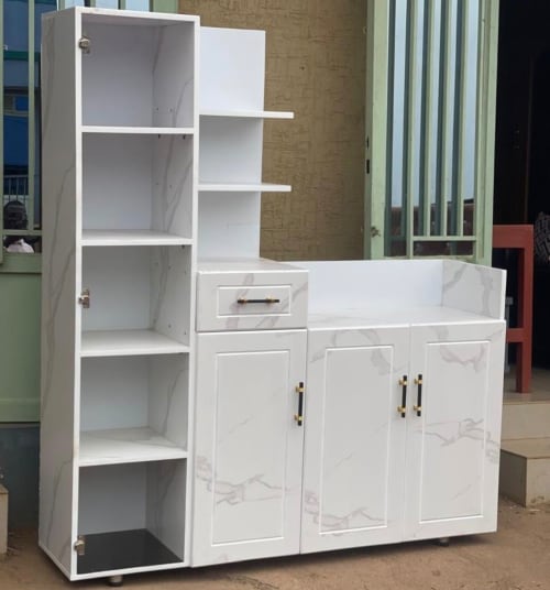 White Marble Finish Multi-Section Kitchen Pantry Cabinet With Open Shelves, Drawer And Storage Cupboards