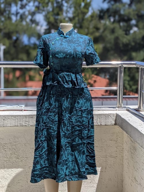 Jacquard Cheongsam Peplum Midi Dress