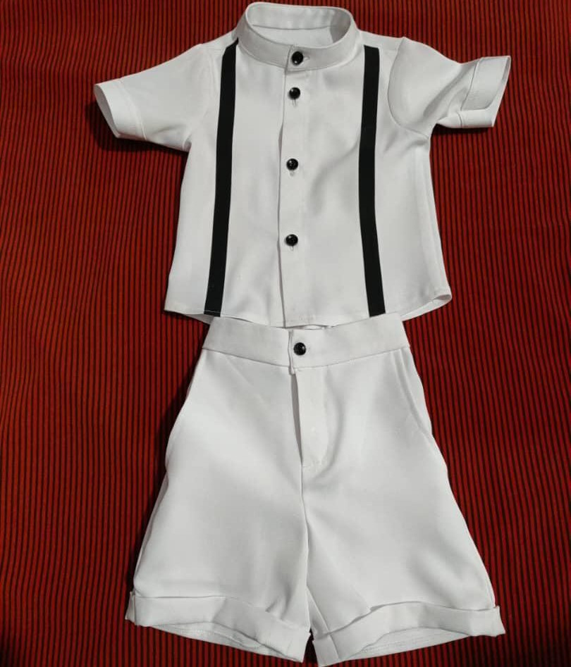 Boys White Mandarin Collar Suspender-Style Shorts Set