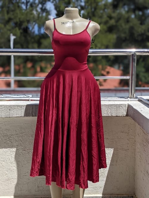 Burgundy Spaghetti Strap Fit and Flare Midi Dress