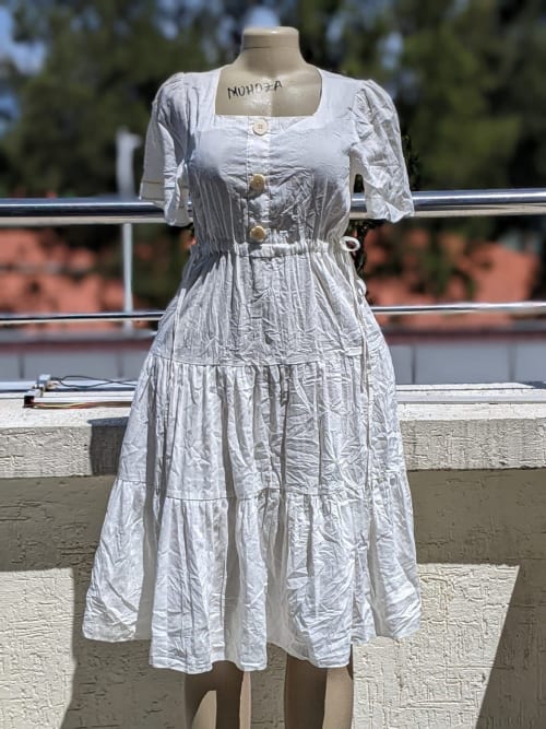 Square Neck Tiered Puff Sleeve Midi Dress