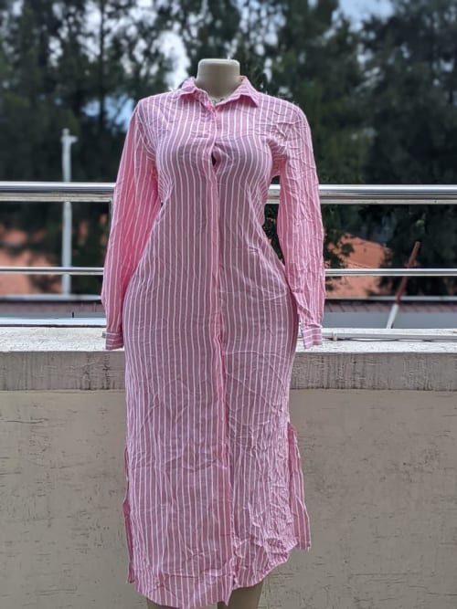 Pink Striped Long-Sleeve Shirt Dress with Side Slits