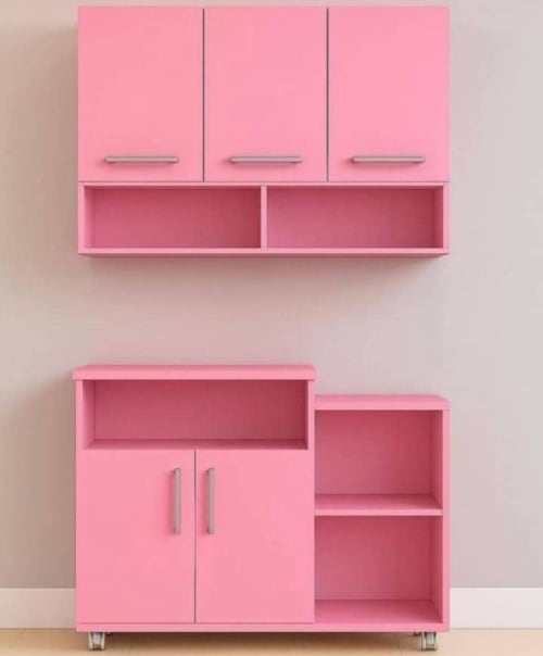 Pink Wall-Mounted Storage Cabinet Set With Rolling Base Unit