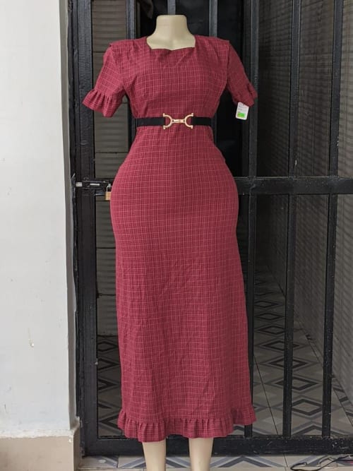 Red Checkered Maxi Dress with Belt
