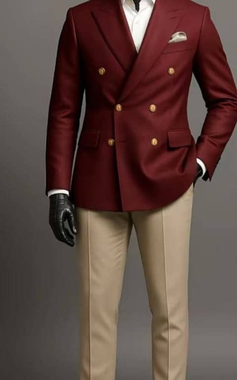 Burgundy Double-Breasted Blazer with Beige Trousers
