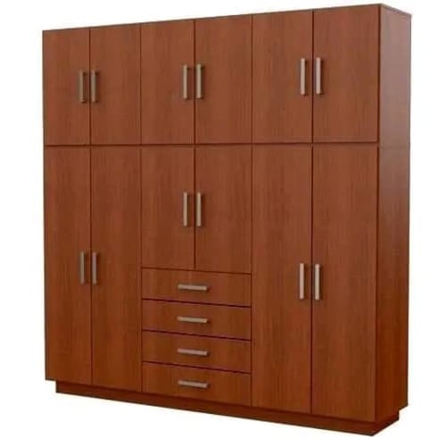 6-Door Wooden Wardrobe With Top Storage Compartments And Center Drawers