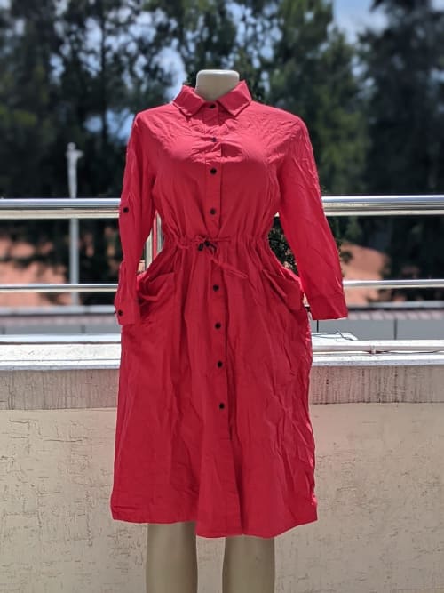 Red Drawstring Waist Shirt Dress Midi