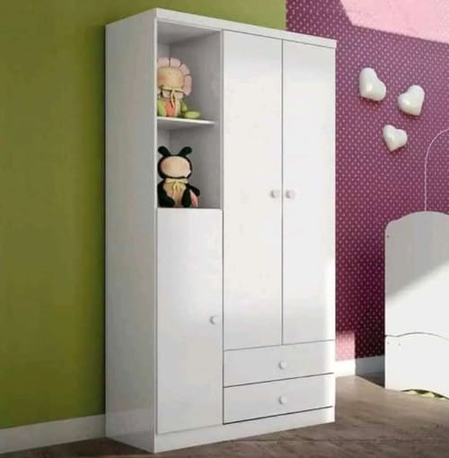 White 3-Door Children's Wardrobe With Open Shelves And Drawers