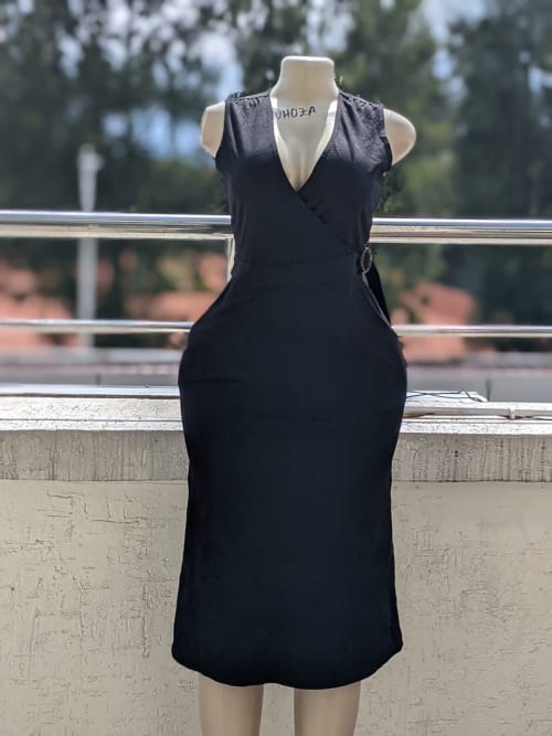 Black Sleeveless Wrap O-Ring Midi Dress