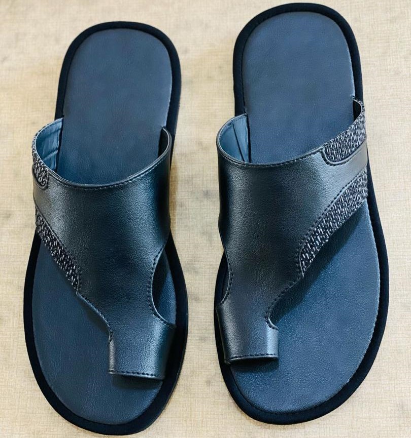 Men's Black Leather Toe-Loop Slide Sandals