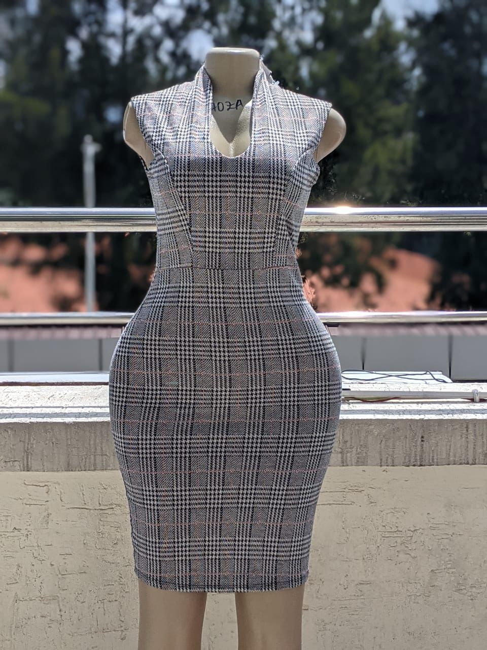 Glen Plaid Keyhole Cowl Neck Bodycon Midi Dress