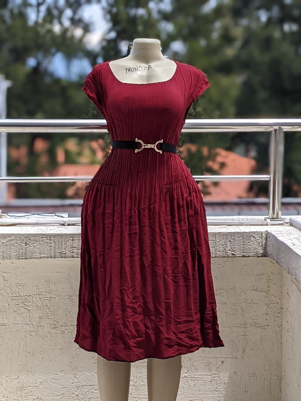 Pleated Cap Sleeve Belted Midi Dress