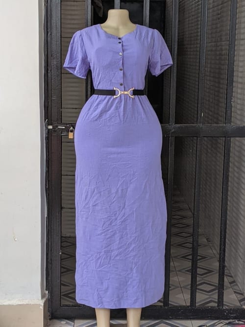 Lavender Button Front Belted Puff Sleeve Maxi Dress