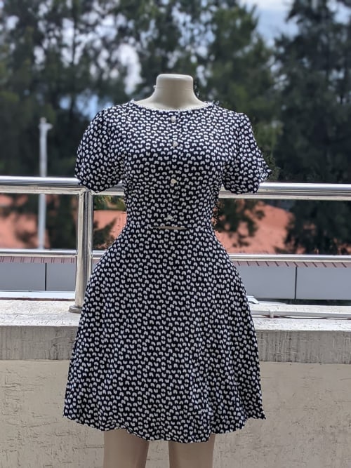 Black and White Heart Print Button Front Fit and Flare Dress