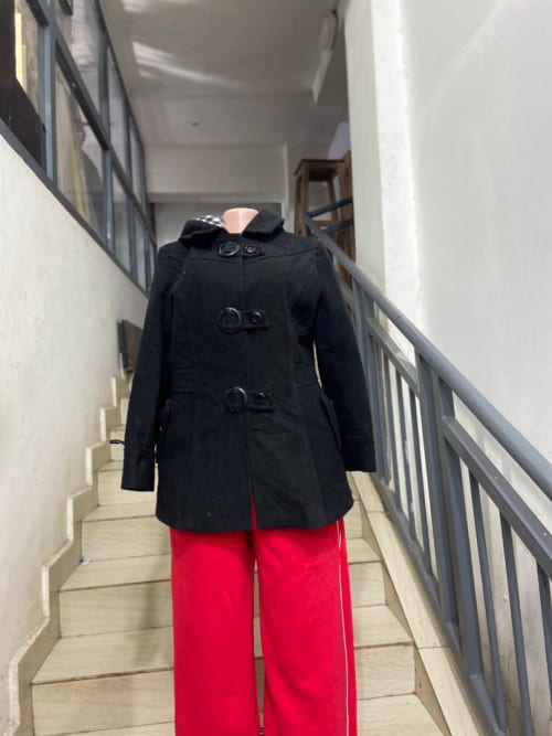 Black Wool Toggle Hooded A Line Coat